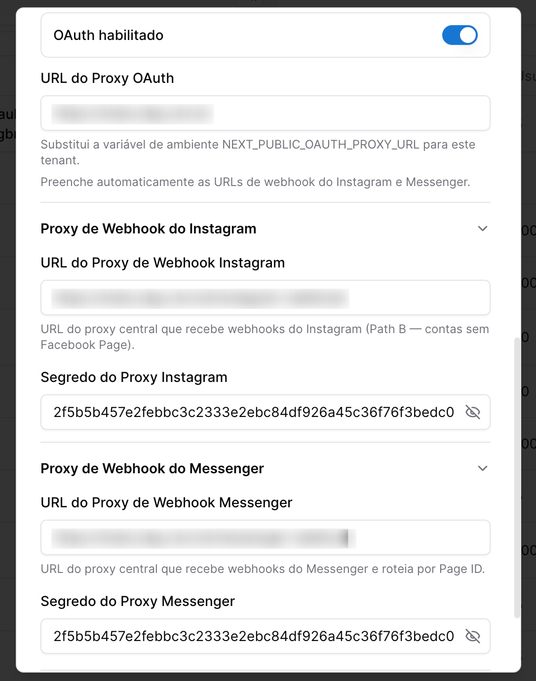 Magicchat - tela de configuração do Tenant - oauth instagram e facebook messenger