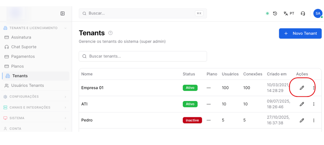 Magicchat - tela de gestão de Tenants - como editar tenant