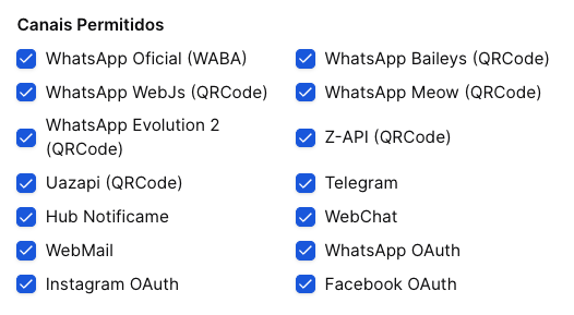 Magicchat - tela de configuração do Tenant - canais liberados